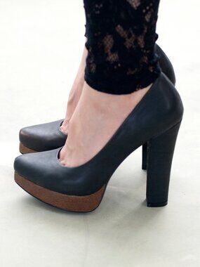 NYC Designer HANDMADE Charcoal Genuine Leather Platform High Heel Pumps NEW